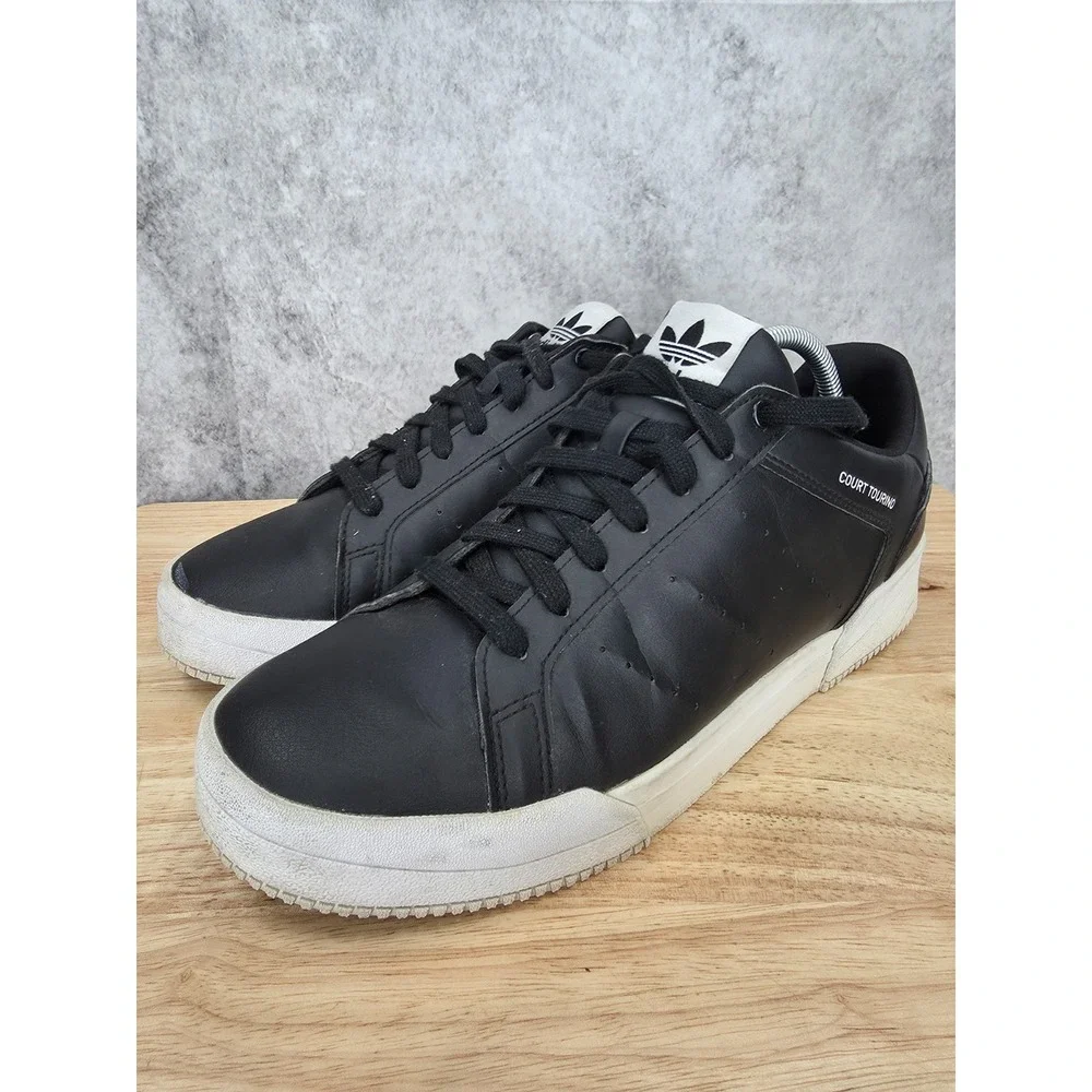 Adidas Court Tourino Sneakers Mens 10 Black White Leather Tennis Shoes H02176